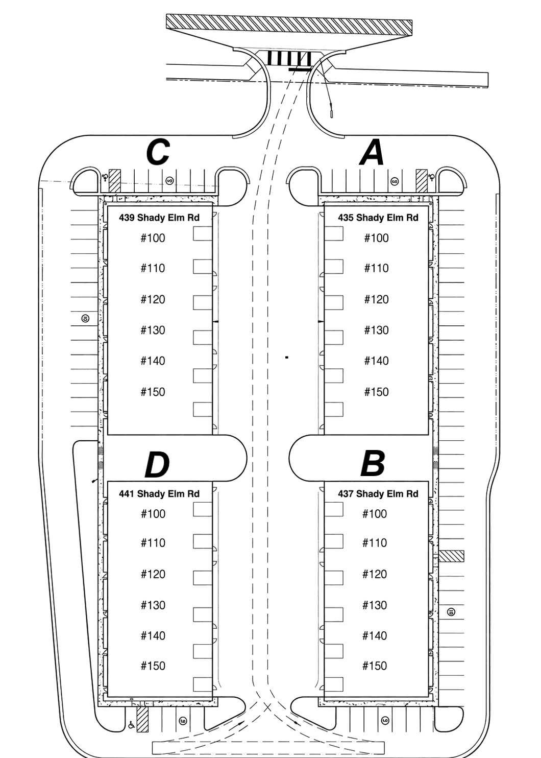 Site plan of Stoneridge Flex at Shady Elm showing four buildings, A through D, at 435 to 441 Shady Elm Road in Winchester, Virginia