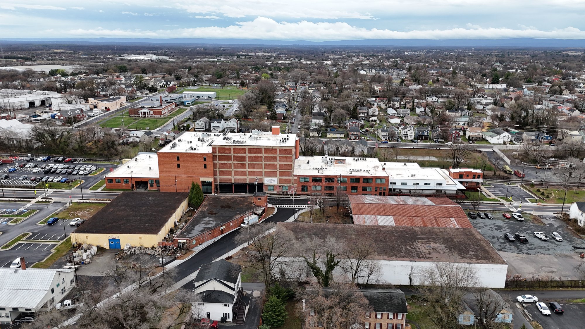 Aerial view of the ZeroPak redevelopment and the city of Winchester, Virginia